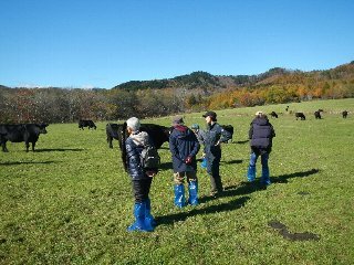 草地で説明する西川奈緒子さん（右から2人目）